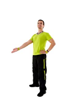 Young fitness instructor on white isolated background