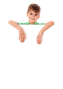 Boy holding a banner isolated on white background