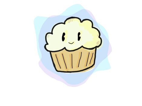 A cute kawaii illustration of a buttercream frosting cupcake.