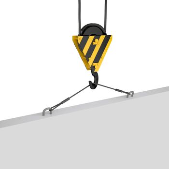 Crane hook lifts the white plate. Isolated render on a white background