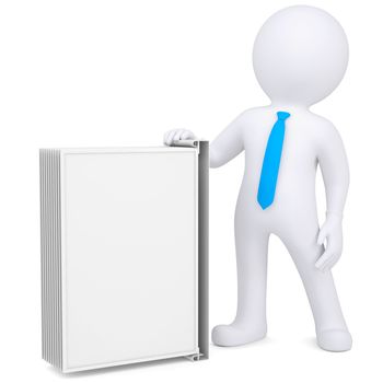 3d man holding a changeover advertising stand. Isolated render on a white background