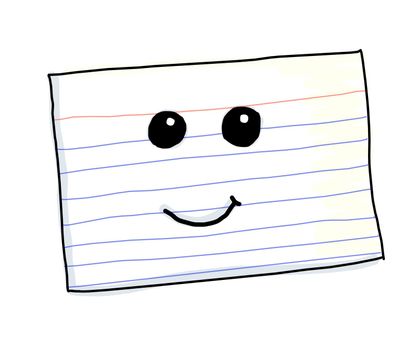 An illustration of a kawaii index card with a cute smirk.