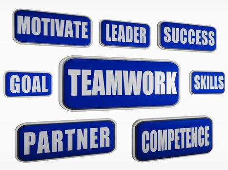 teamwork - text in 3d blue banners with business concept words