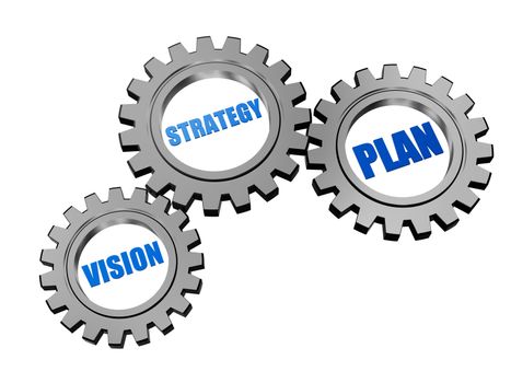 vision, strategy, plan - business concept words in 3d silver grey gearwheels