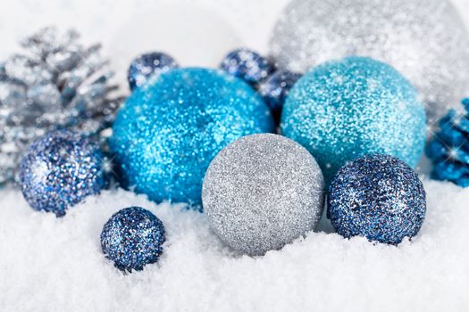traditional festive christmas decoration glitter in silver and blue
