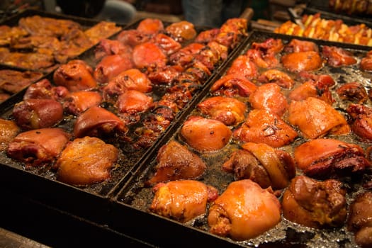 Steak and other meat on barbeque. Background. Smoke. Meals, Close-up