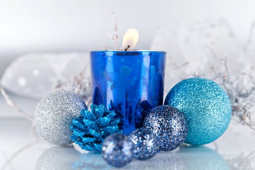 traditional festive christmas decoration glitter in silver and blue