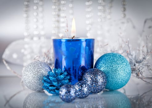 traditional festive christmas decoration glitter in silver and blue