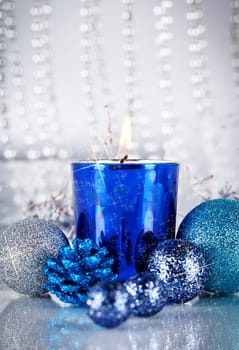 traditional festive christmas decoration glitter in silver and blue