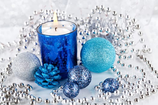 traditional festive christmas decoration glitter in silver and blue