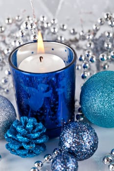 traditional festive christmas decoration glitter in silver and blue