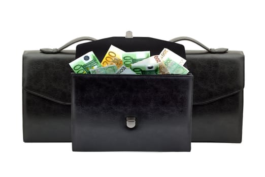 Black briefcase with money on a white background