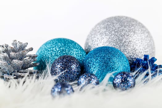 traditional festive christmas decoration glitter in silver and blue