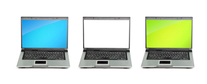 Open laptop showing keyboard and screen isolated on white background