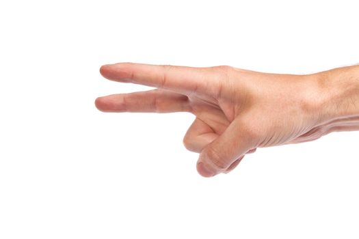 Hand with two fingers up in the peace or victory symbol. Also the sign for the letter V in sign language. Isolated on white.