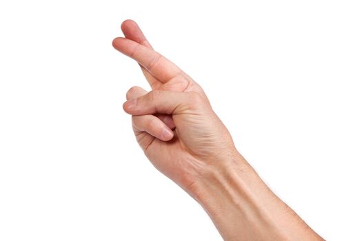 Crossed fingers symbolizing good luck isolated on a white background