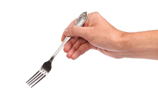 Right mans hand with empty metallic fork isolated on white background