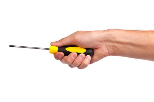 Hand holding a yellow and black screwdriver isolated over white background