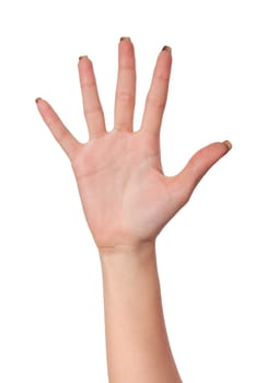 Female hand gesture number five closeup isolated on a white background