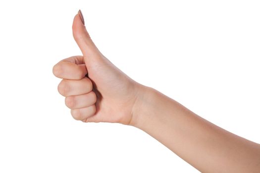Closeup of Female hand showing thumbs up sign isolated against white background