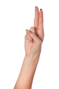 Hand with two fingers up in the peace or victory symbol. Also the sign for the letter V in sign language. Isolated on white.