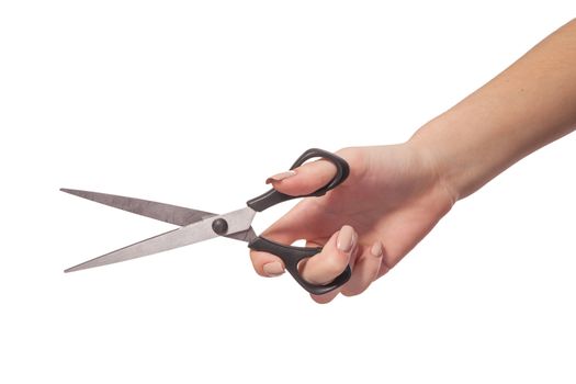 Hand is holding scissors isolated on a white background