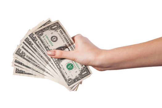 Woman hand with dollars isolated on white background