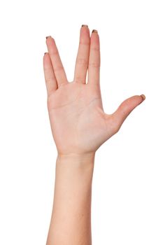 Female palm hand vulcan gesture, isolated on a white background