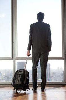 Rear view of businessman in formal wear holding luggage