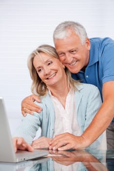 Happy couple using laptop together at home