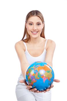 Young happy woman holding .globe in hand.