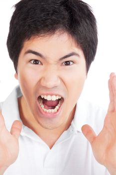 Young asian man yelling isolated on white background.