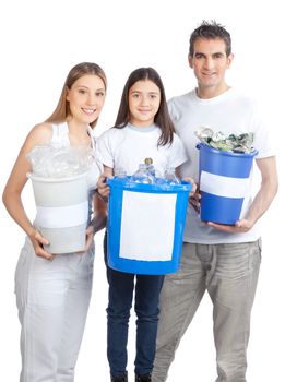 Portrait of happy couple smiling with daughter holding recycle bin.