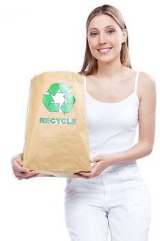 Young woman holding recycle paper bag.