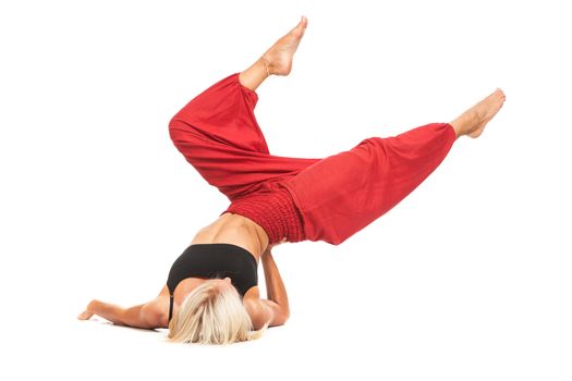 Full set of yoga asanas. Practicing Yoga. Young woman in traditional yoga clothes isolated on white background