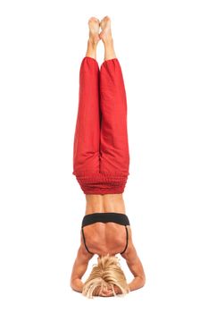 Full set of yoga asanas. Practicing Yoga. Young woman in traditional yoga clothes isolated on white background