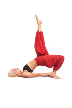 Full set of yoga asanas. Practicing Yoga. Young woman in traditional yoga clothes isolated on white background