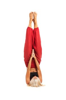 Full set of yoga asanas. Practicing Yoga. Young woman in traditional yoga clothes isolated on white background