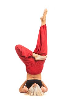 Full set of yoga asanas. Practicing Yoga. Young woman in traditional yoga clothes isolated on white background