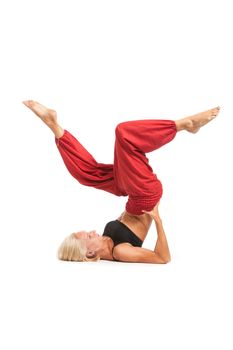 Full set of yoga asanas. Practicing Yoga. Young woman in traditional yoga clothes isolated on white background