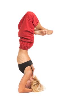 Full set of yoga asanas. Practicing Yoga. Young woman in traditional yoga clothes isolated on white background