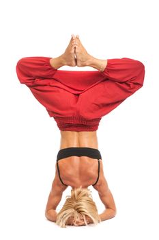 Full set of yoga asanas. Practicing Yoga. Young woman in traditional yoga clothes isolated on white background