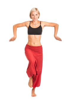 Full set of yoga asanas. Practicing Yoga. Young woman in traditional yoga clothes isolated on white background