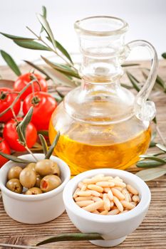 tatsty geen olives tomatoes and olive oil ingredients vegetarian food
