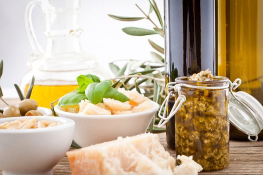 tatsty geen olives parmesan and olive oil ingredients vegetarian food