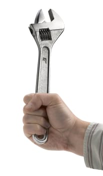 A chrome vanadium (spanner) on hand isolated over white 