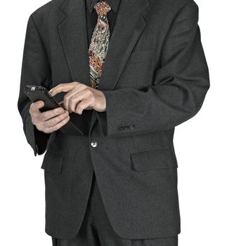  business man sending a text message using mobile phone on white background