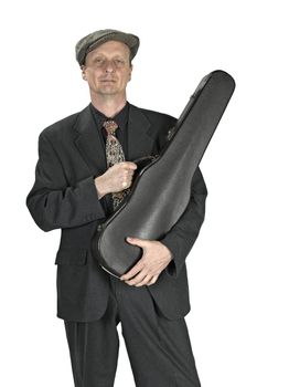man with violin case on white background