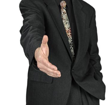 Business man with an open hand ready to seal a deal on white background