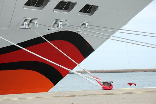 Detail of a docked cruise ship in a harbor